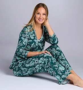 Jersey 3/4 Sleeve PJ Set w/ Long Pant Boho Green S