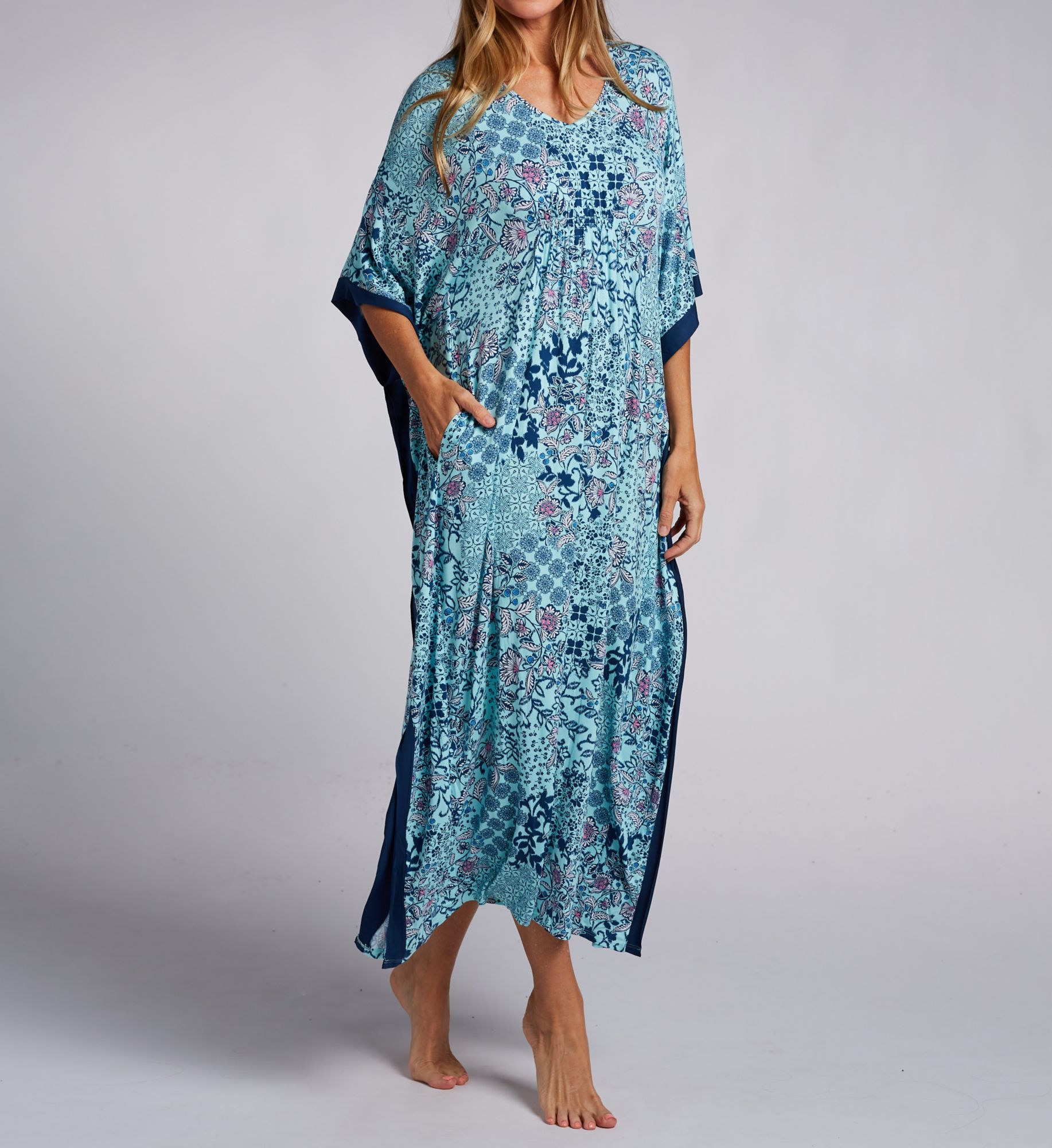 Ellen Tracy Plus Size Aqua Patchwork Long Caftan N90003X - Image 1