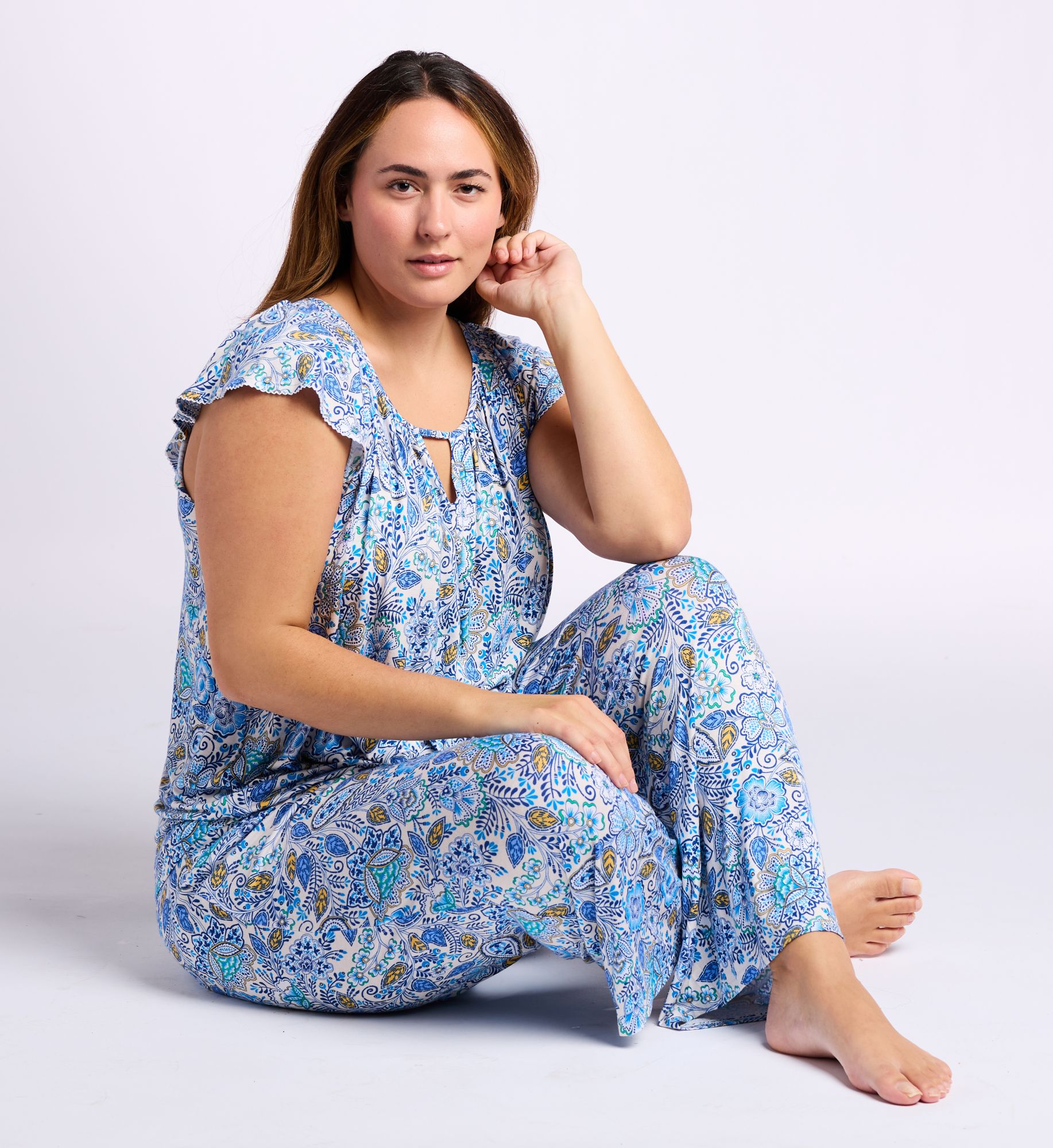 Ellen Tracy Women's Plus Size Short Sleeve Pajama Set With Cropped Pant in Jacobean Floral | Size: 1X | HerRoom.com