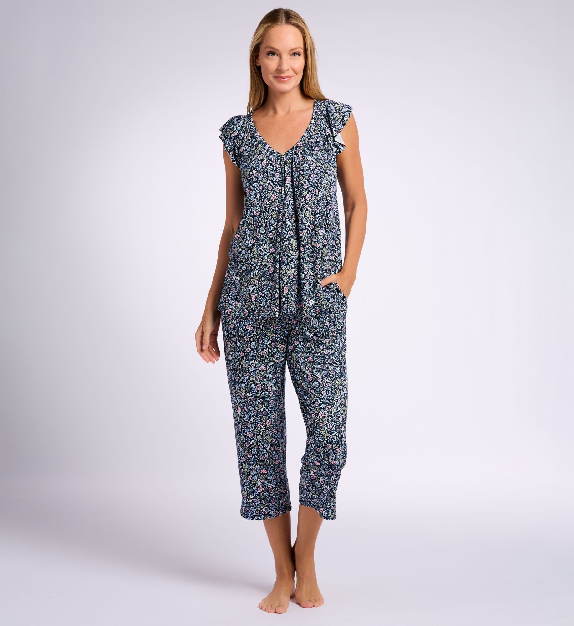 Front Image Main Image Ellen Tracy Short Sleeve Cropped PJ Set N90075