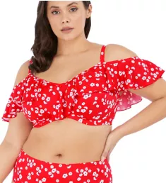 Plain Sailing Underwire Frill Bikini Swim Top Red Floral 42DD