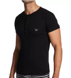 Ribbed Stretch Cotton Slim Fit Henley T-Shirt Black S