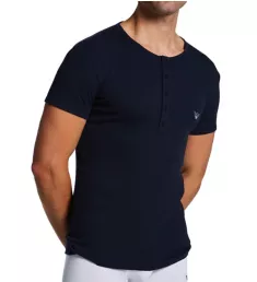 Ribbed Stretch Cotton Slim Fit Henley T-Shirt Marine M