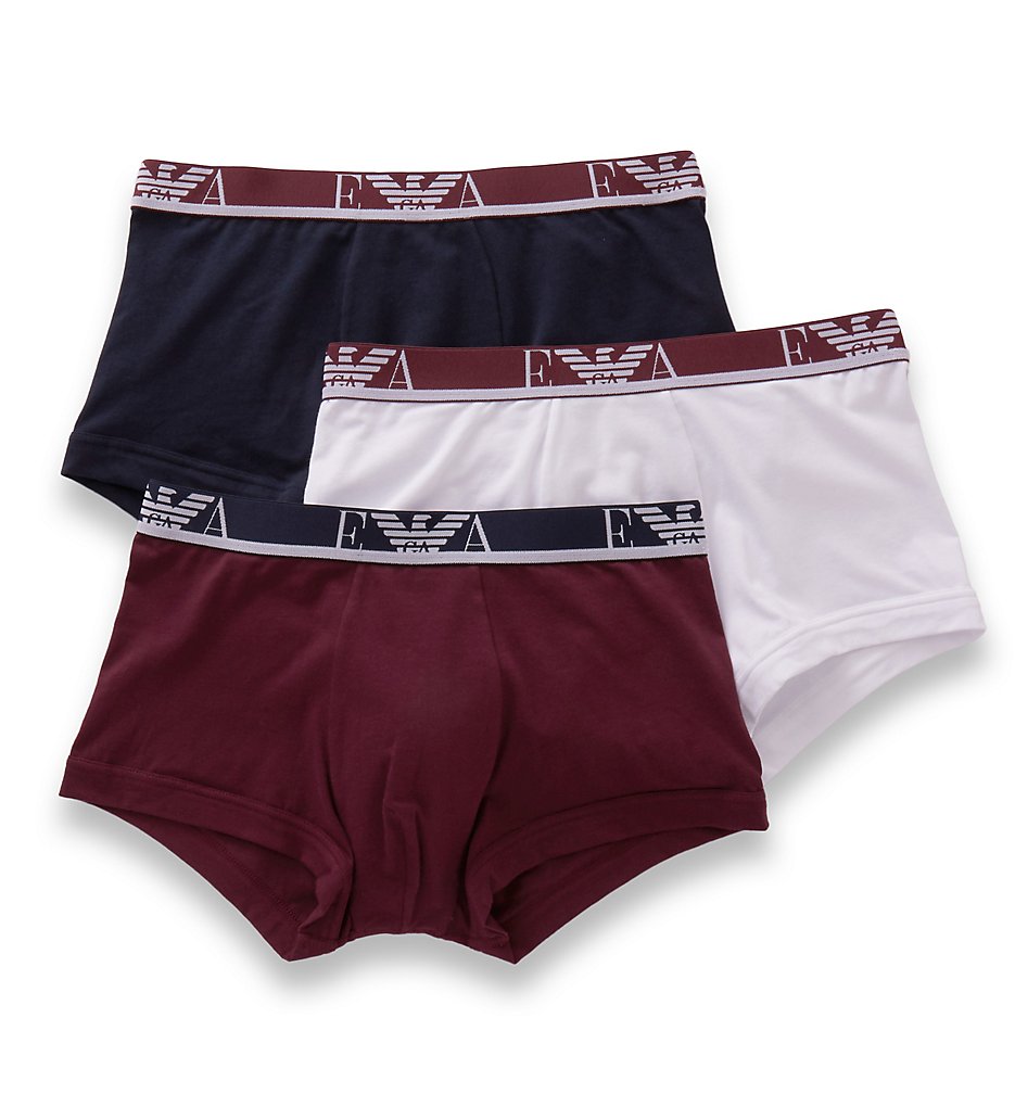 Emporio Armani 3577A715 Stretch Cotton Eagle Logo Trunk - 3 Pack (Aubergine/ White/Black)