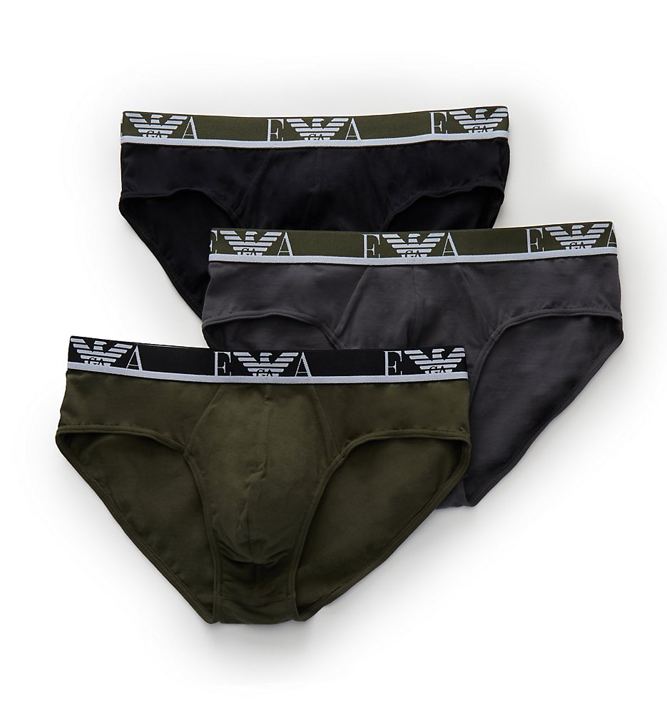 Emporio Armani 7347A715 Stretch Cotton Eagle Logo Briefs - 3 Pack (Smoke/ Green/ Black)