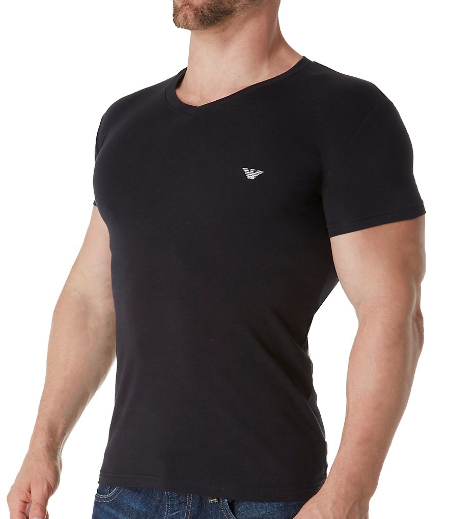 Emporio Armani 8107P512 Shiny Logo Band V Neck T-shirt (Black)