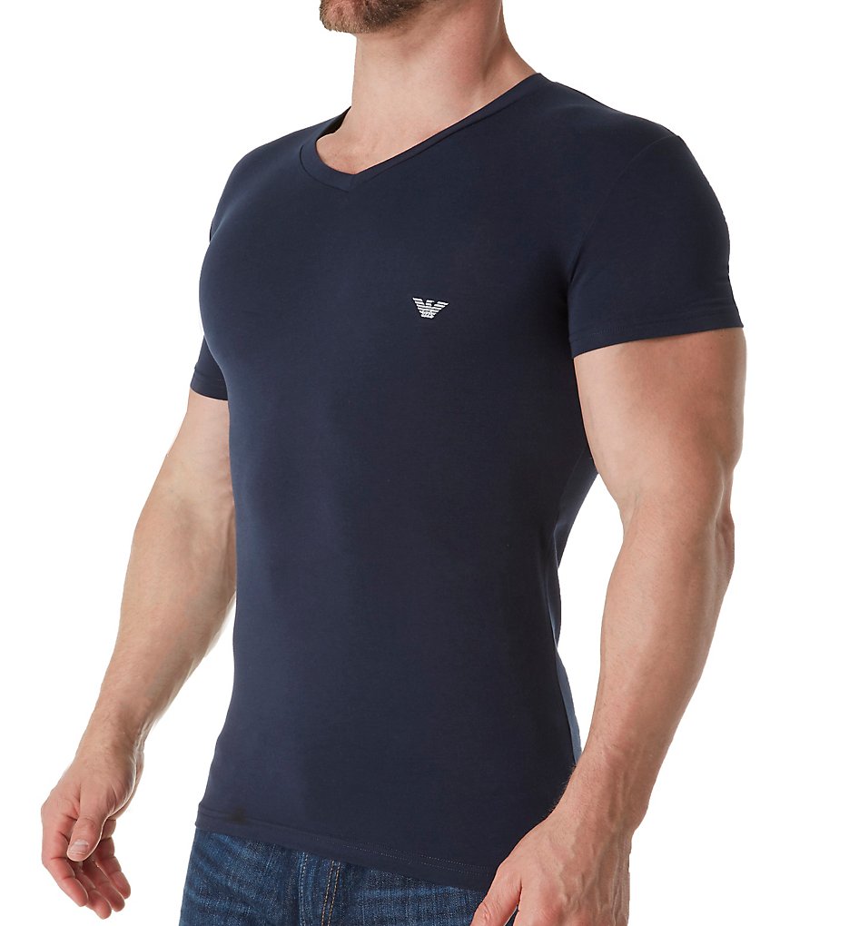 Emporio Armani 8107P512 Shiny Logo Band V Neck T-shirt (Marine)