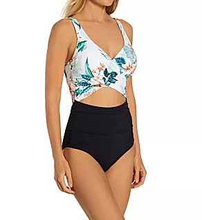 Front view of The Wrap One Piece Swimsuit Combo White Tropic 10