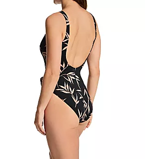 Luna Bay Underwire Plunge One Piece Swimsuit Laquered Black 32D
