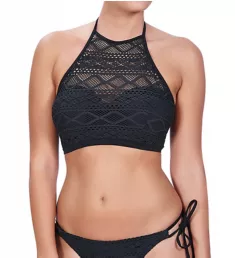 Sundance Underwire Padded Hi-Neck Crop Swim Top Black 28D