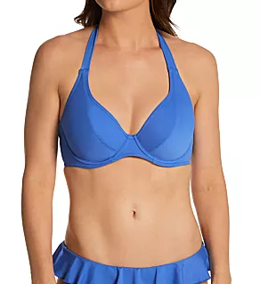 Jewel Cove Underwire Banded Halter Bikini Swim Top Plain Azure 28D