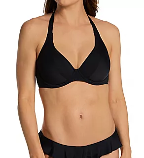 Jewel Cove Underwire Banded Halter Bikini Swim Top Plain Black 28D