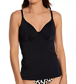 Jewel Cove UW Non Padded Plunge Tankini Swim Top Plain Black 30D