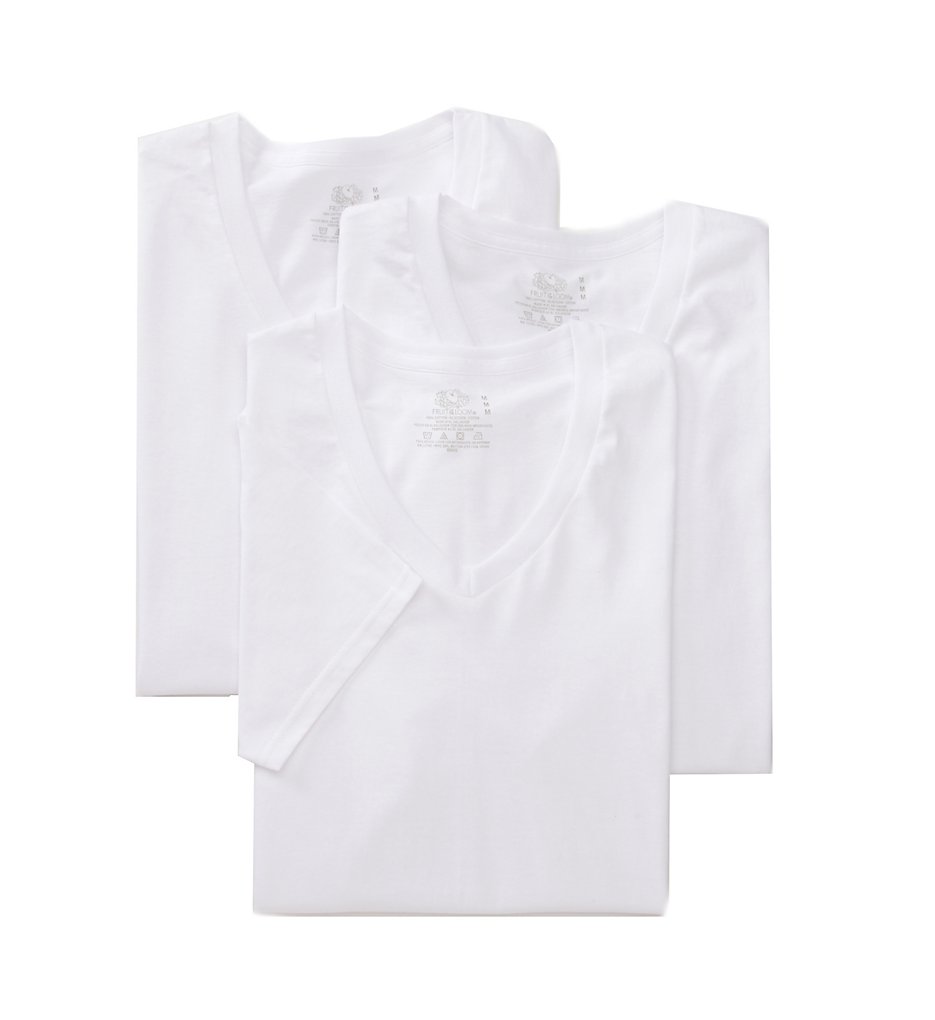 Fruit Of The Loom 2626V 100% Cotton Stay Tucked V-Neck T-Shirts - 3 Pack (White)