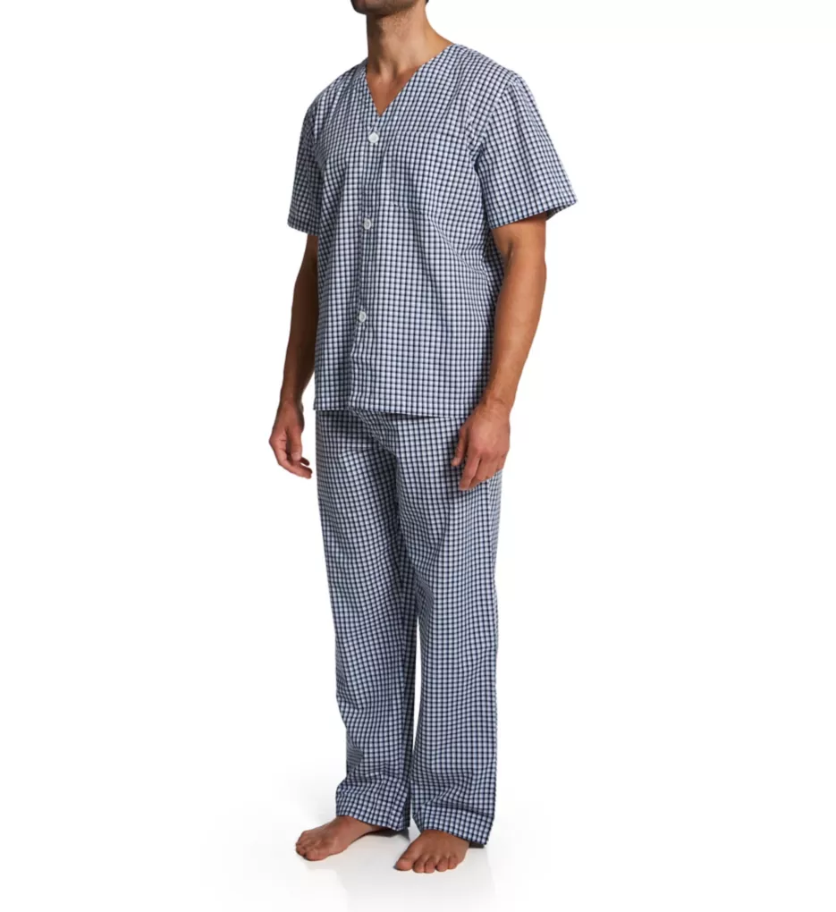 Short Sleeve Woven Pajama Pant Set Blue Plaid S