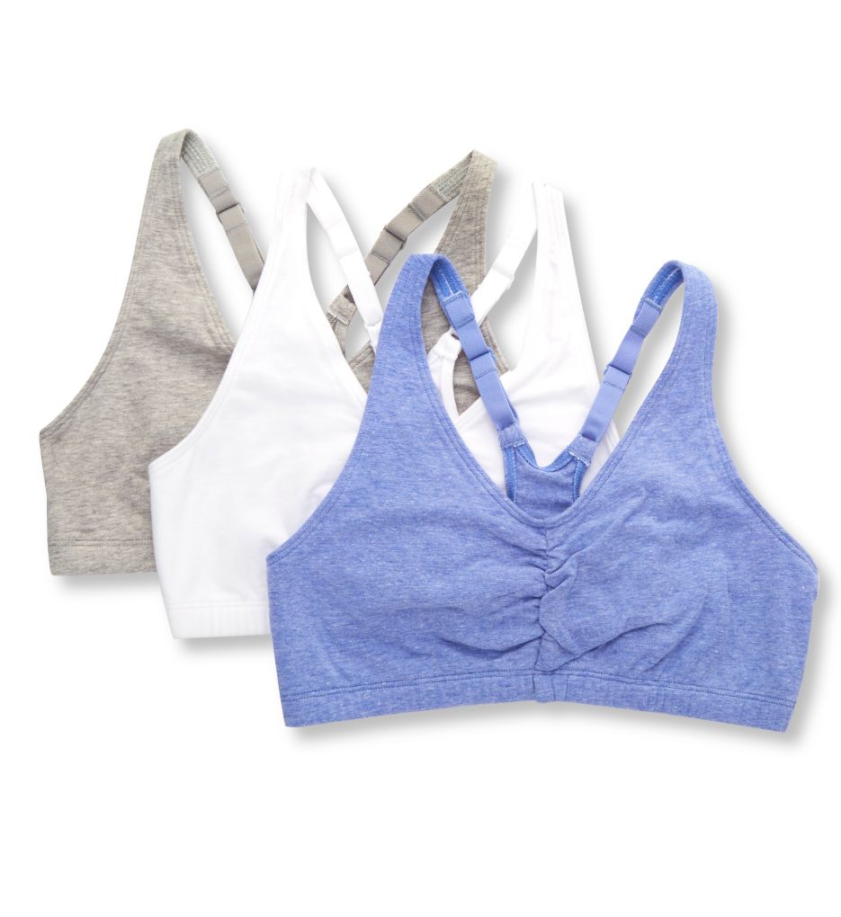 Fruit Of The Loom Women's Shirred Front Racerback Sports Bra - 3 Pack in Grey/White/Blue Gem | Plus Size 42 | HerRoom.com