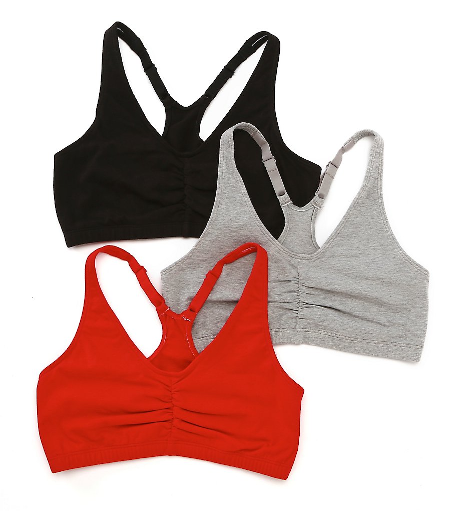 Fruit Of The Loom 90011 Shirred Front Racerback Sports Bra - 3 Pack (Red/Black/Grey)