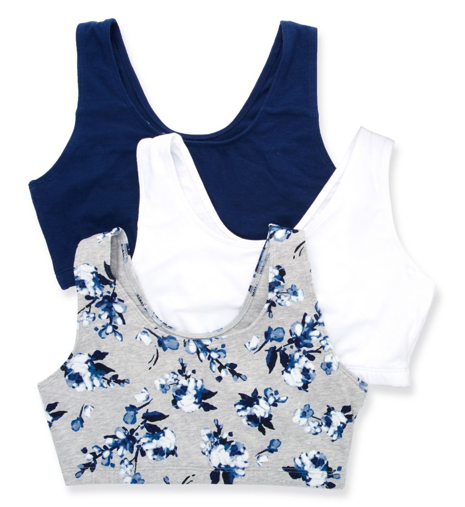 Fruit Of The Loom Women's Tank Style Sports Bra - 3 Pack in Rose Print/Wht/Blue | Plus Size 34 | HerRoom.com