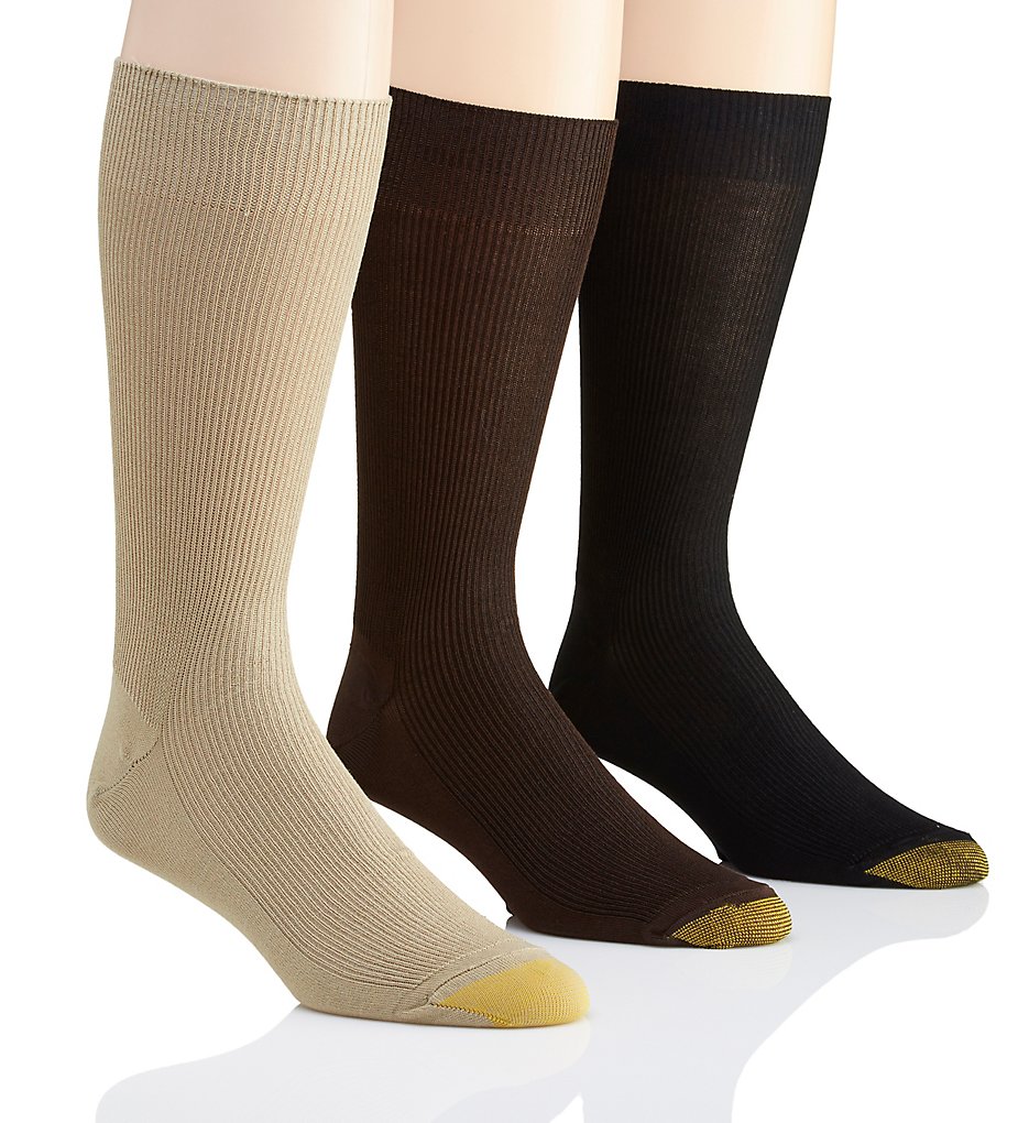 Gold Toe 345S Metropolitan Cotton Crew Dress Socks - 3 Pack (Khaki/Brown/Black)