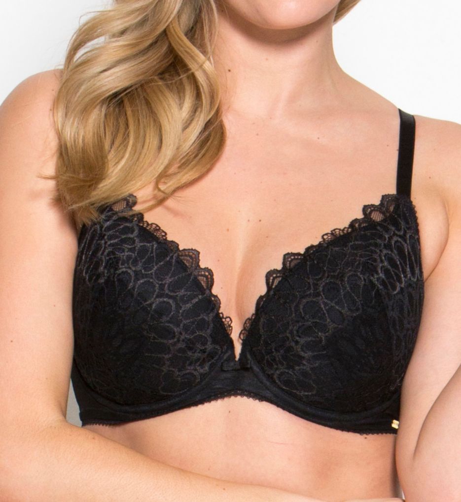 Plus Size Black Lace Padded Underwired Plunge Bra