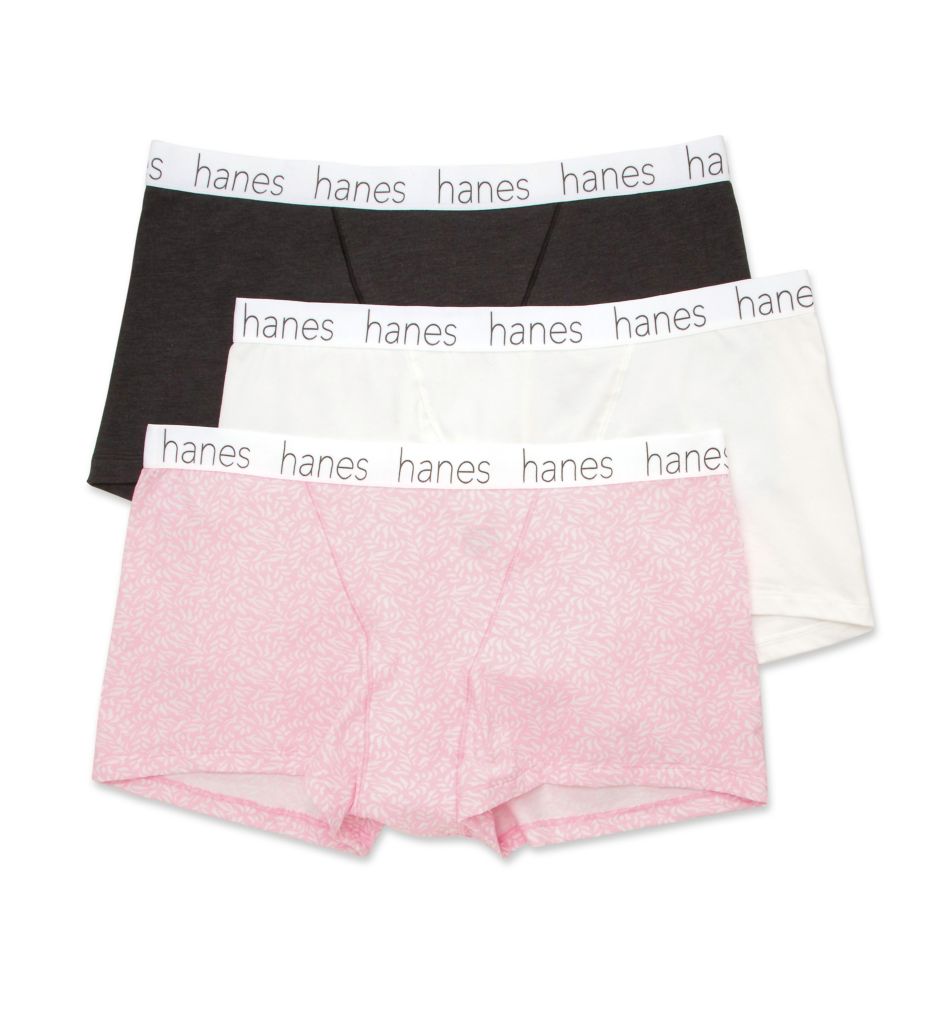 Hanes Women's Cotton Blend Boxer Brief Panty - 3 Pack in White/Whimsy Leaf/Grey | Plus Size Medium | HerRoom.com