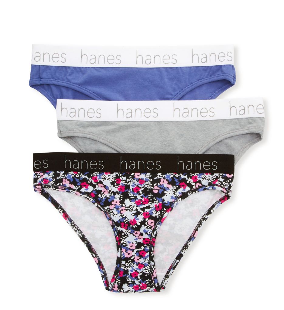 Hanes Women's Cotton Blend Bikini Panty - 3 Pack in Blue/Concrete/Clover | Plus Size Large | HerRoom.com