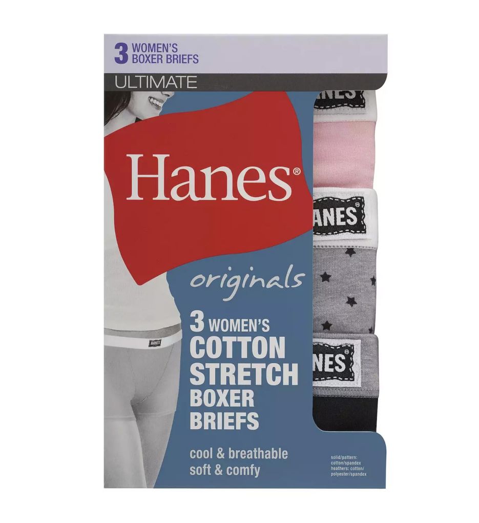 Women's Hanes 45UOBB Cotton Blend Boxer Brief Panty - 3 Pack  (Heather/Stripe/Black XL)