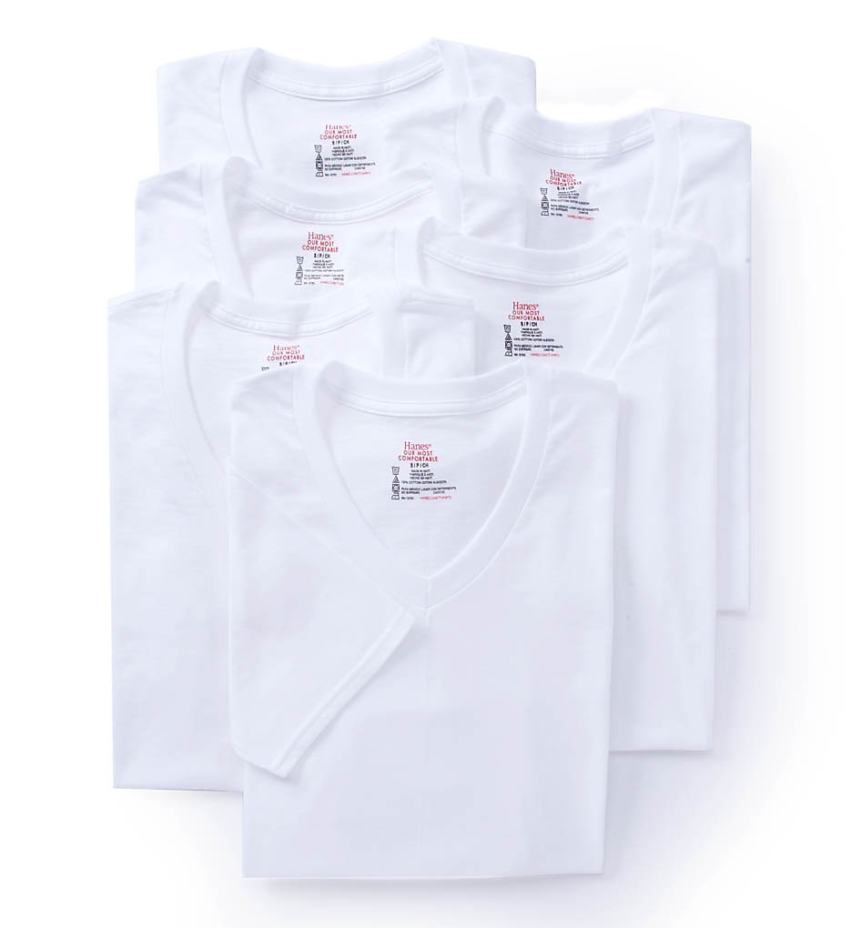 Hanes 7880W6 Premium Cotton White V-Neck T-Shirts - 6 Pack (White)