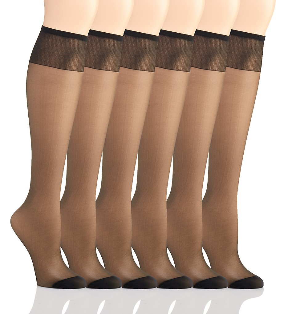 Silk Reflections Knee High Reinforced Toe - 6 Pack Jet O/S by Hanes