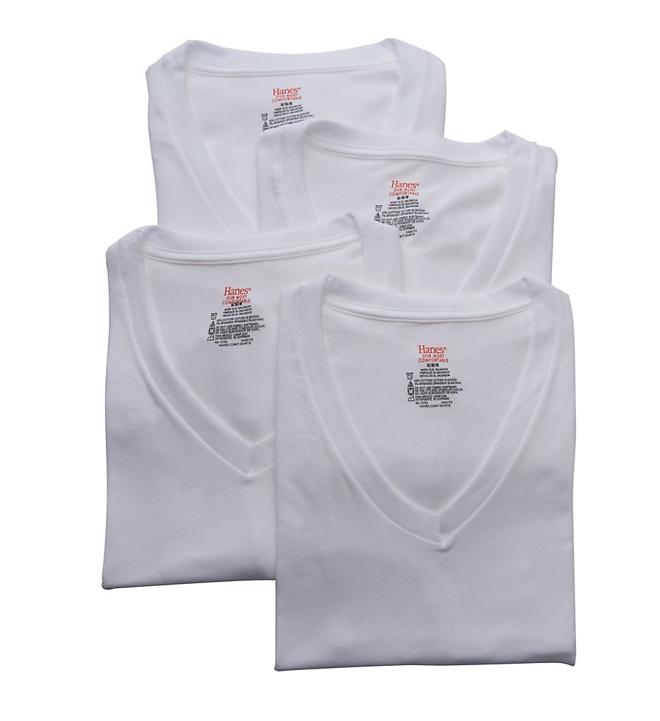 Hanes U9T2W4 Stretch V Neck T-Shirts - 4 Pack (White)