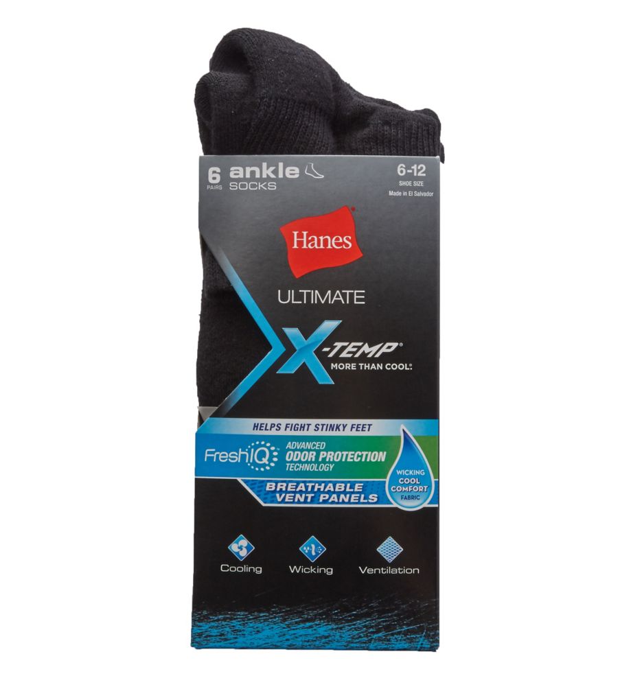 X-Temp Comfort Cool Black Ankle Socks - 6 Pack-fs