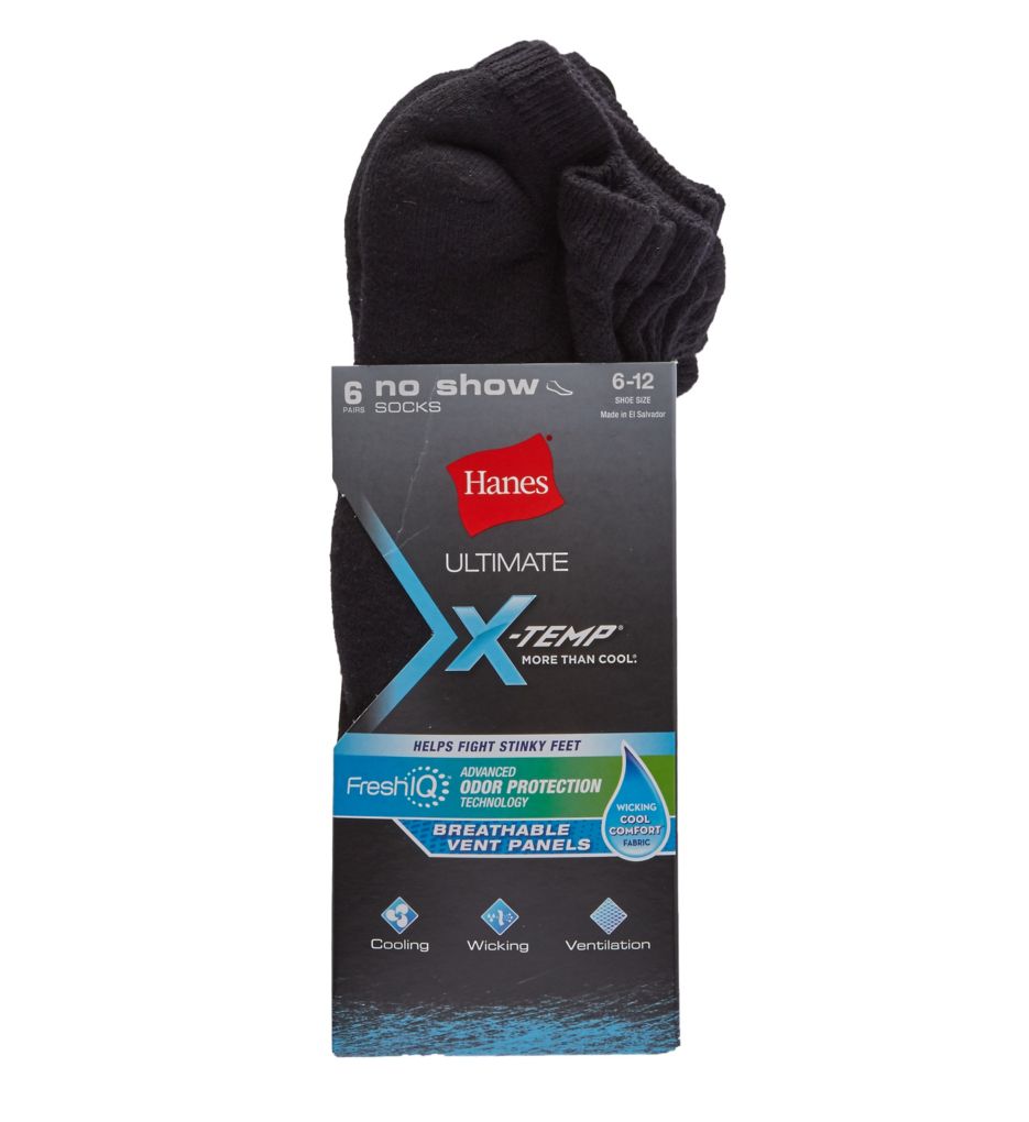 X-Temp Comfort Cool Black No Show Socks - 6 Pack-fs
