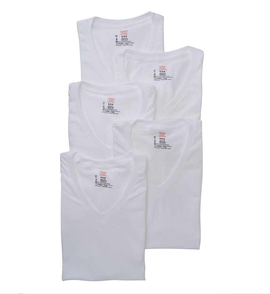 Hanes Y777P5 Platinum V-Neck T-Shirts - 5 Pack (White)