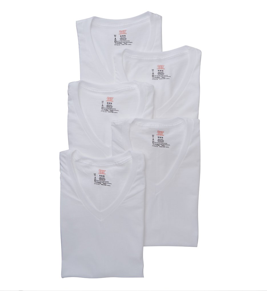 Hanes Y777P5 Platinum V-Neck T-Shirts - 5 Pack (White)