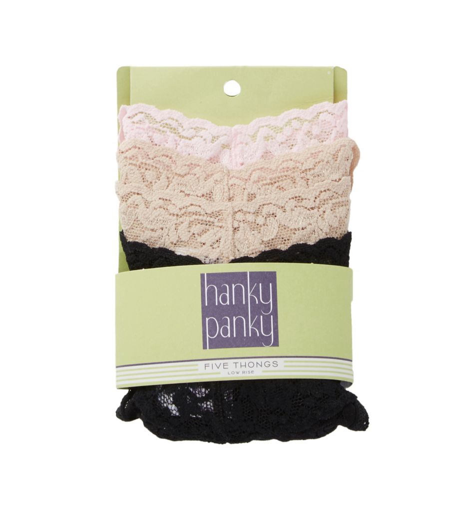 Low Rise Signature Lace Thongs - 5 Pack Black/Chai/Bliss O/S by Hanky Panky