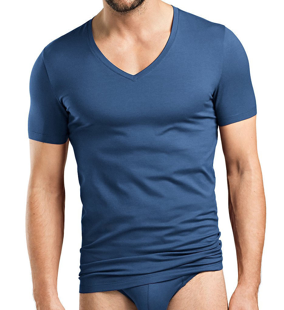 Hanro 73089 Cotton Superior V-Neck T-Shirt (Ferminate Blue)