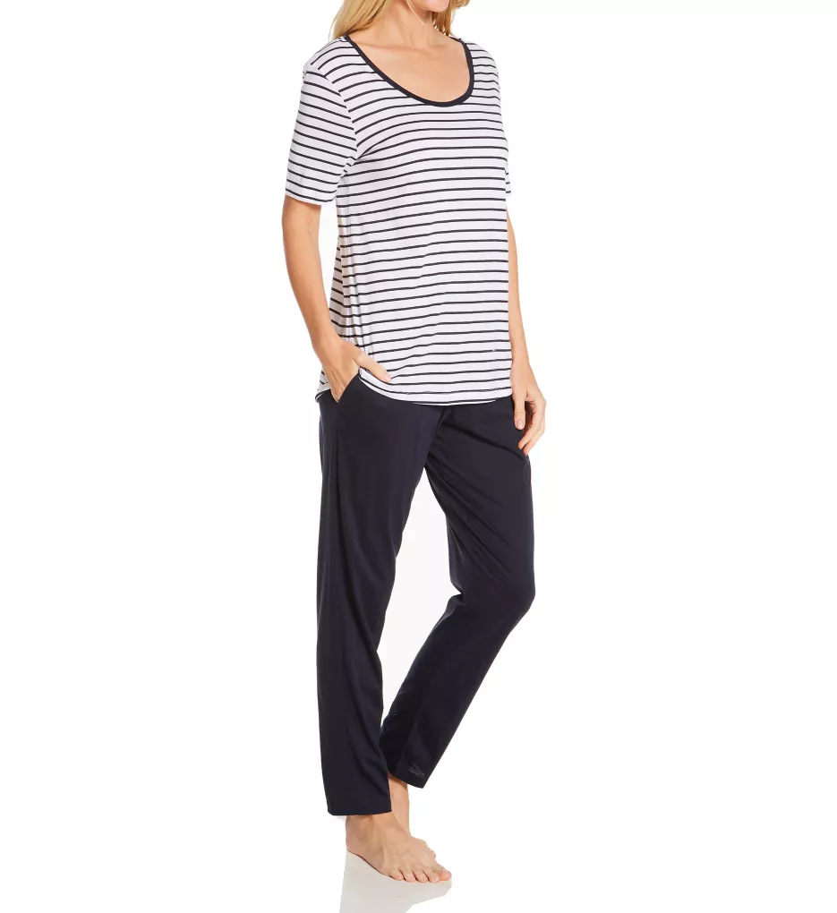 Laura Short Sleeve Long Pajama Set Dark Blue Stripe XS