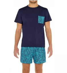 Heliopolis 100% Cotton Pajama Short Set Turquoise Print L