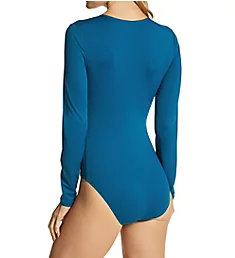 Sporty Solids Zip Long Sleeve One Piece Swimsuit