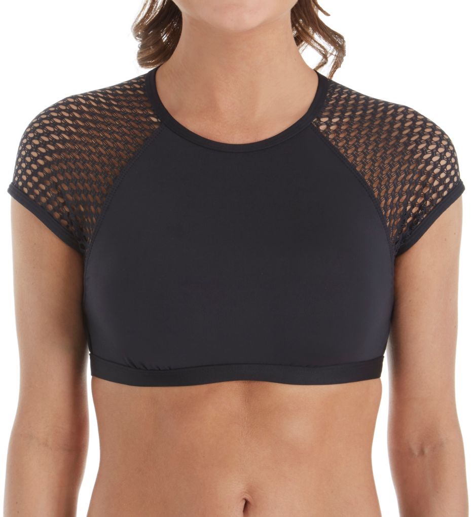 Mesh Solids High Neck Crop Short Sleeve Swim Top-fs