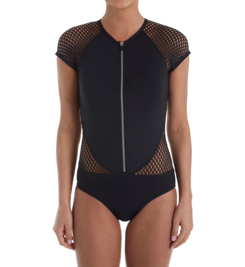 Mesh Solids Zip Front High Neck One Piece Swimsuit-fs