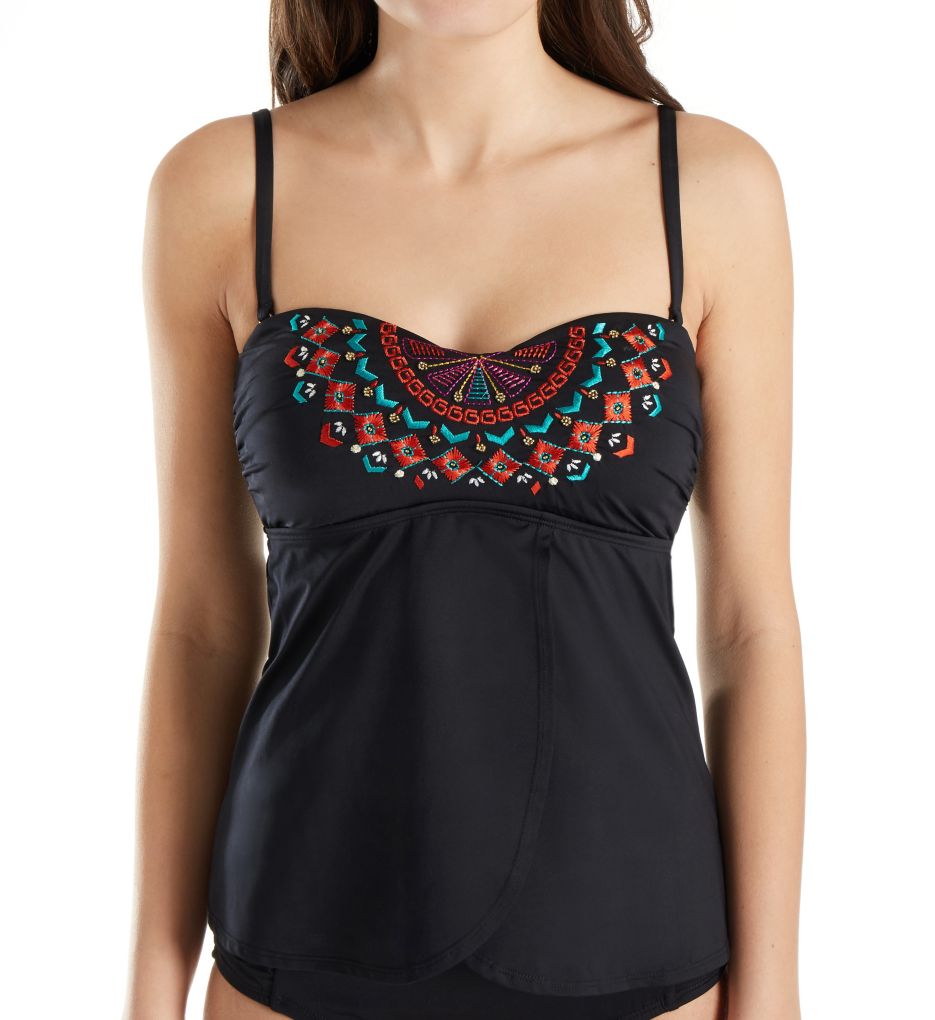 Embroidered Flutter Bandeau Tankini Swim Top-fs