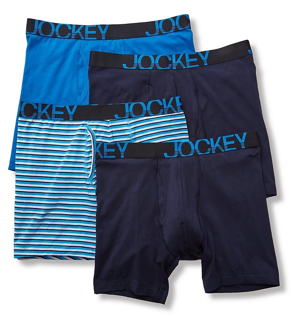 Jockey 8586 Active Stretch Midway Boxer Briefs - 4 Pack (Navy/Turquoise/Stripe)