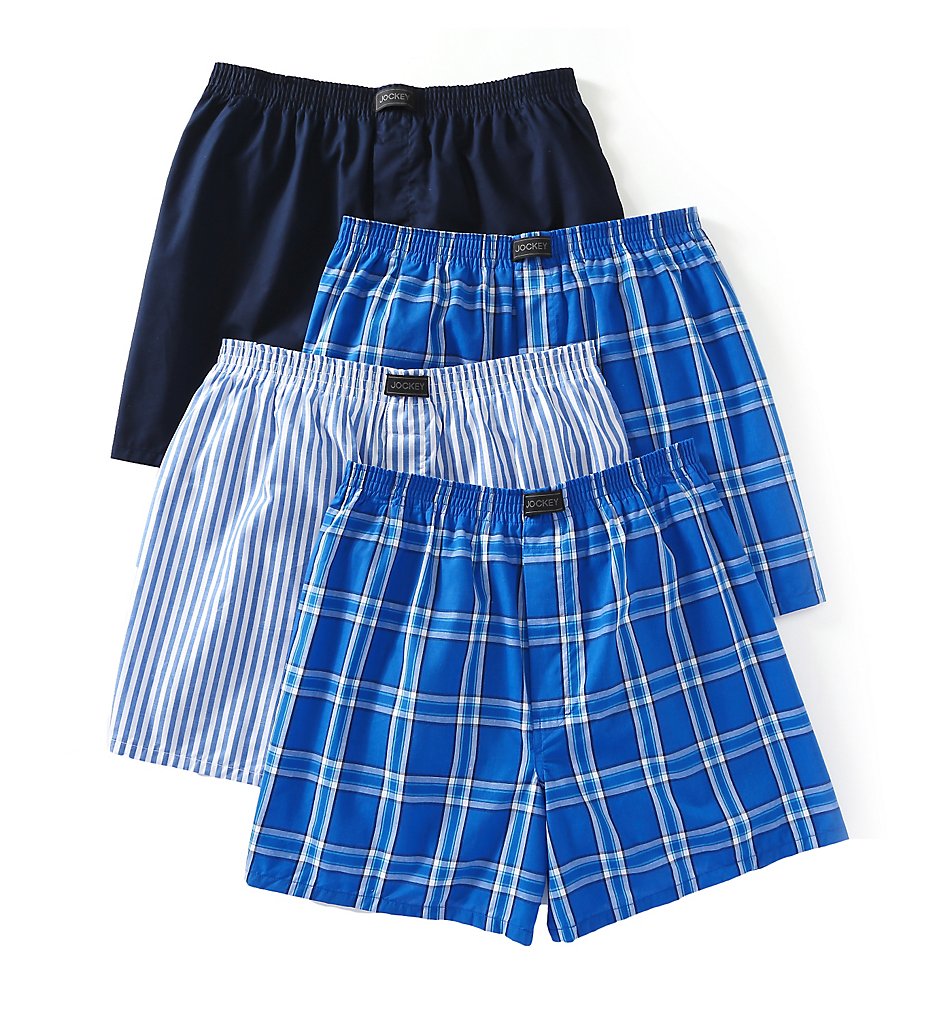 Jockey 9041 Active Blend Cotton Woven Boxer - 4 Pack (Blue Plaid Assort)