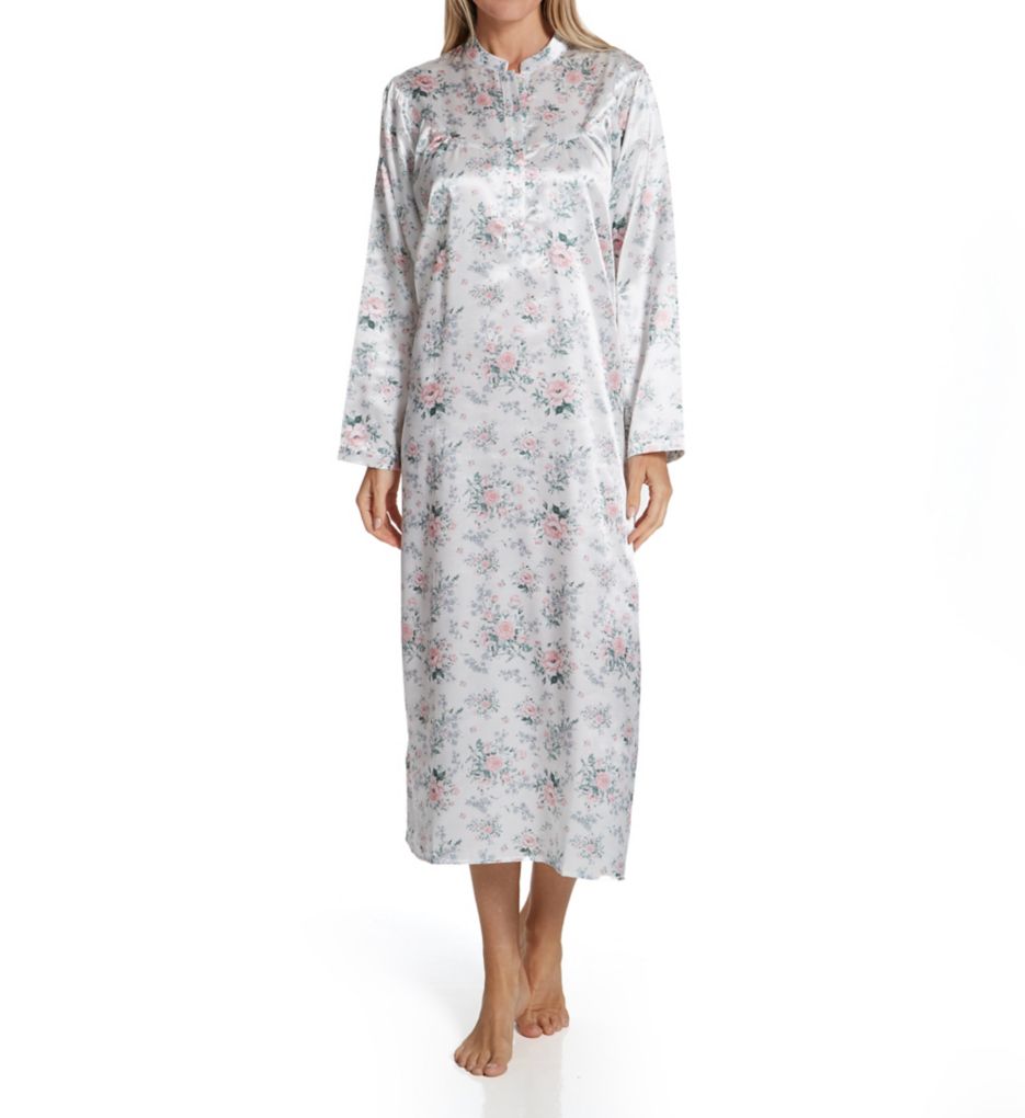Rose Printed Brushed Back Satin Long Sleeve Gown-fs