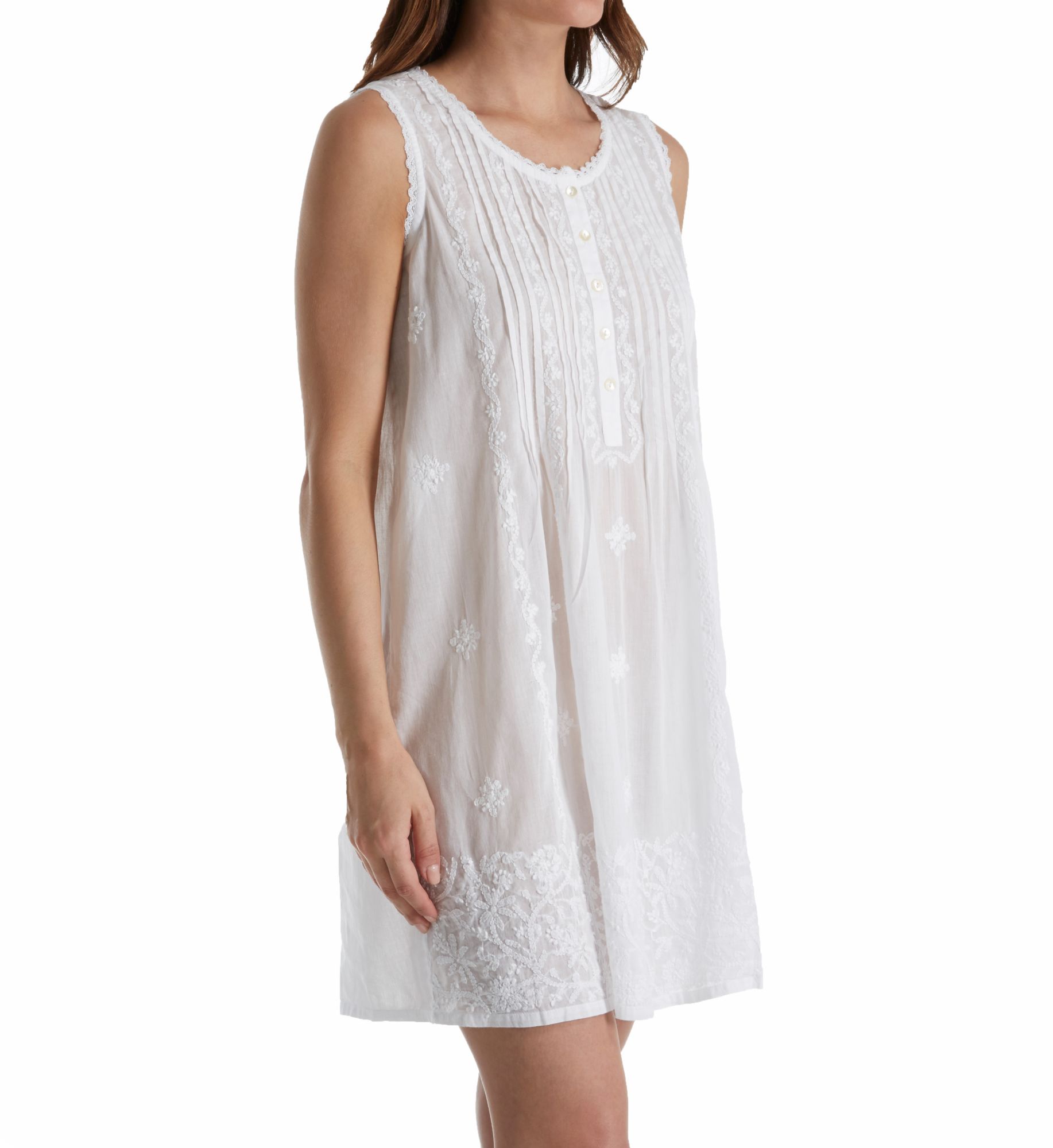 La Cera Women's 100% Cotton Woven Sleeveless Embroidered Gown in White | Size: Medium | HerRoom.com