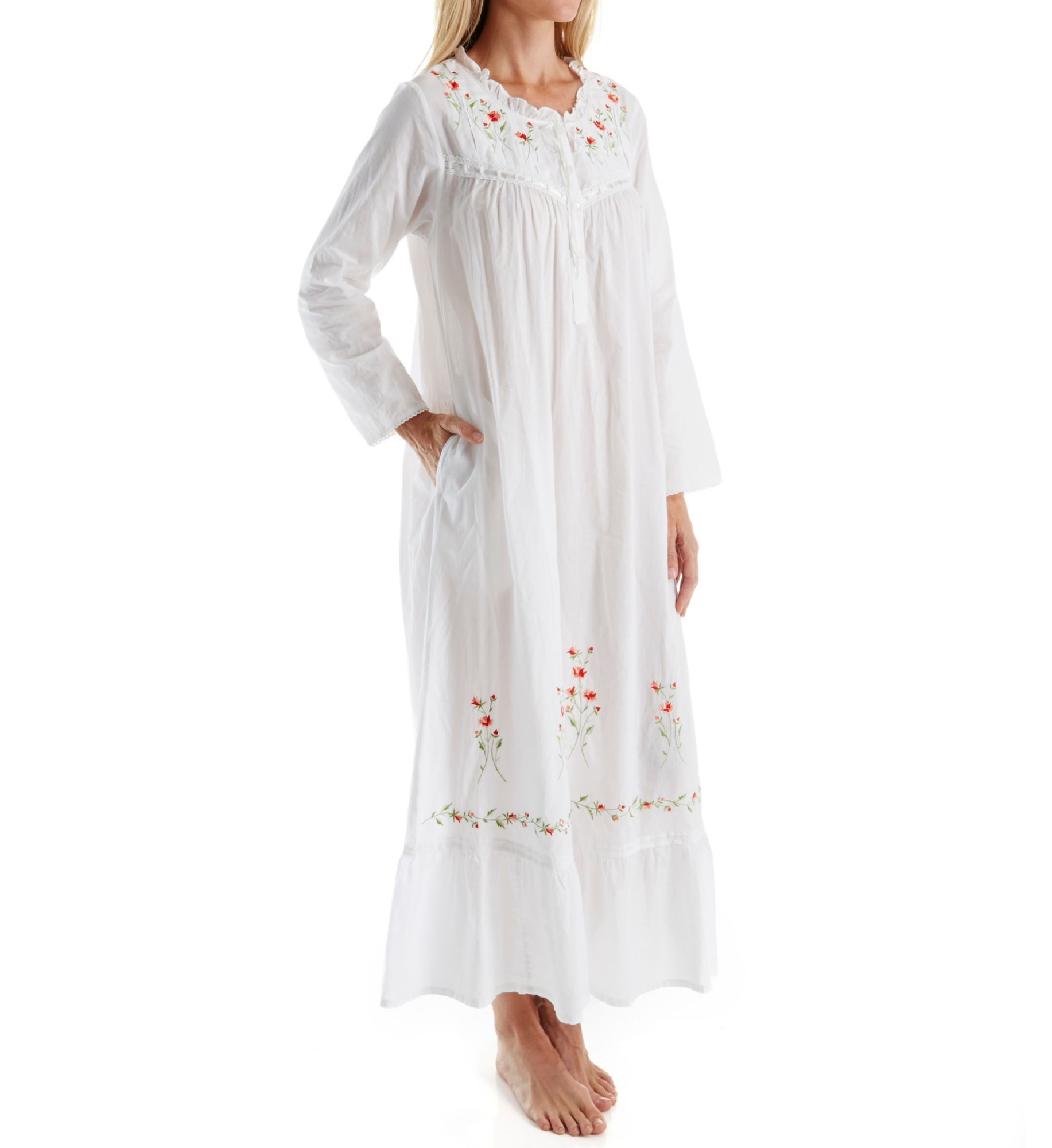 La Cera Women's 100% Cotton Woven Long Sleeve Long Gown in White | Size: XL | HerRoom.com