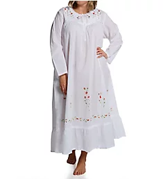 Plus 100% Cotton Woven Long Sleeve Long Gown White 1X