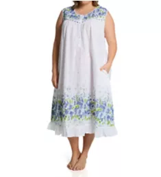 Plus 100% Cotton Woven S/L Border Print Gown Blue 1X