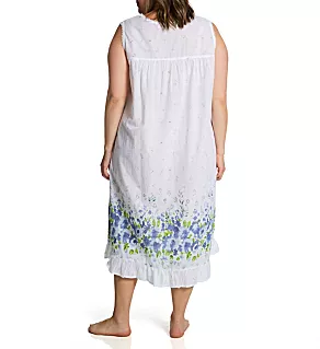 Plus 100% Cotton Woven S/L Border Print Gown Blue 1X